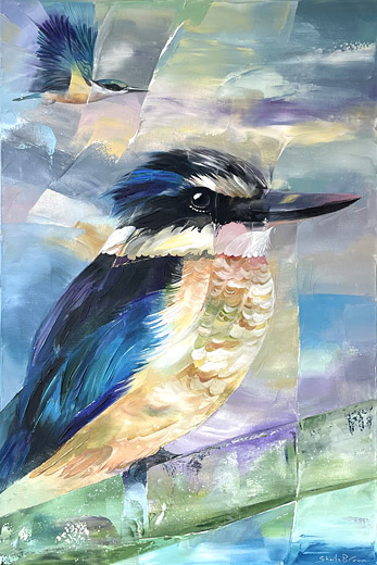 Sheila Brown new NZ kingfisher art, acrylic on canvas
